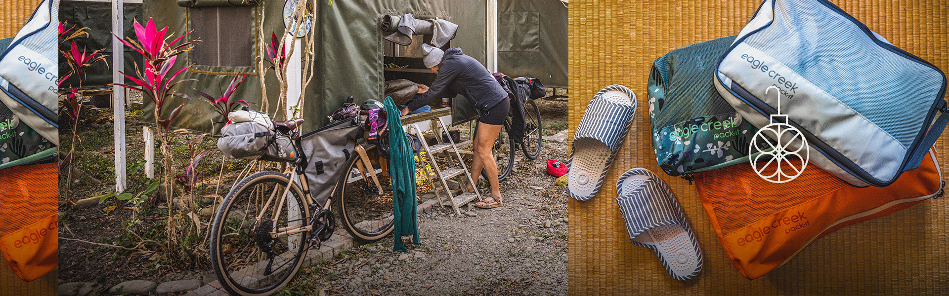 A woman gets ready for a bicycle adventure