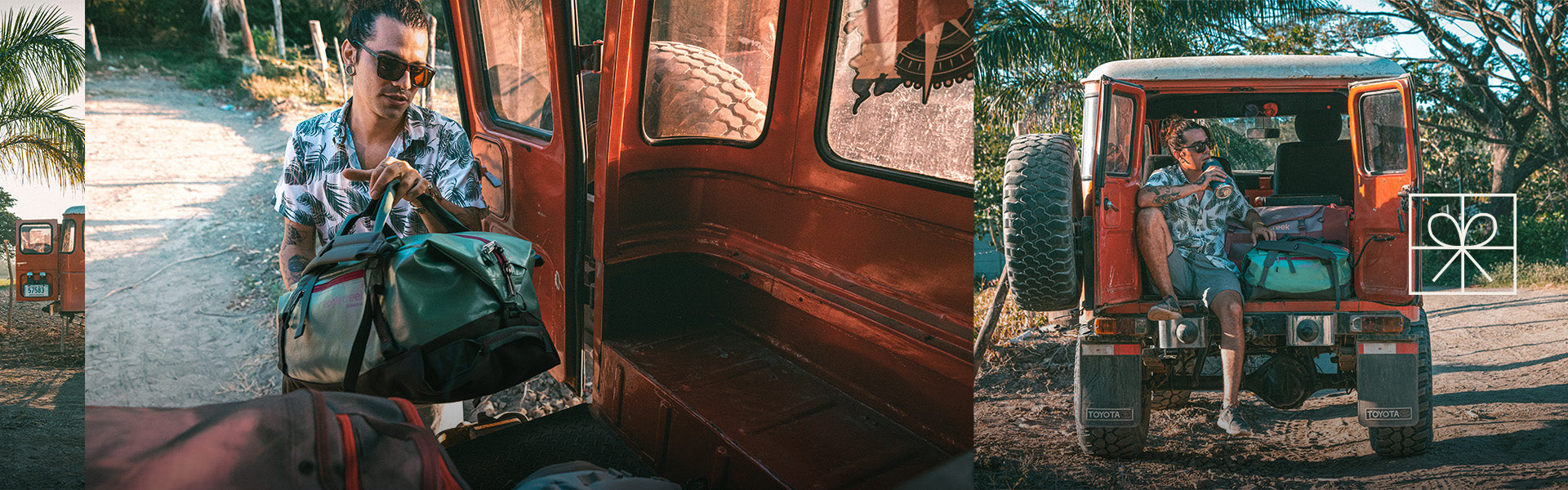 A man loads a vehicle with Eagle Creek duffel bags