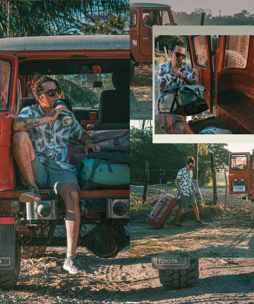 A collage of a person on the beach with a truck and Eagle Creek duffel bags